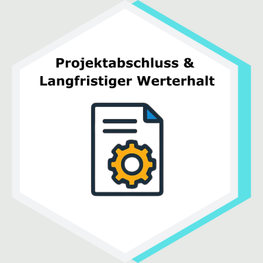 Dokument mit Zahnradsymbol, beschriftet mit Projektabschluss & langfristiger Werterhalt.