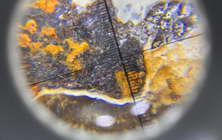 Nahaufnahme von strukturierten Oberflächen mit orangefarbenen und grauen Farbtönen.