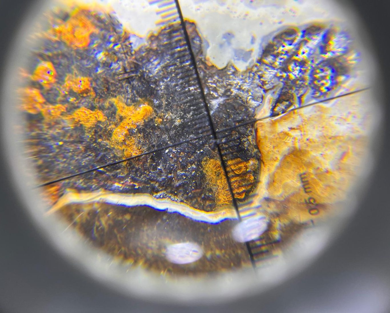 Nahaufnahme von mineralischen Strukturen mit orangefarbenen und grauen Mustern.